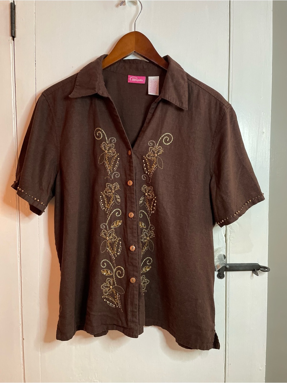 PAPPAGALO Vintage Linen Blend Embroidered Button-Up w/ Gold Accents NWOT L